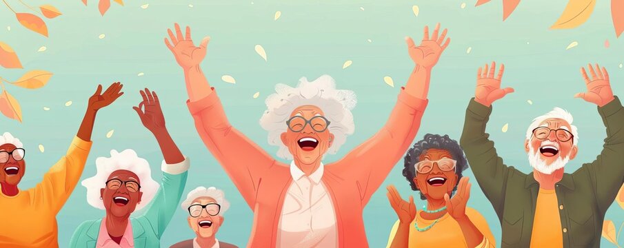 Group of seniors in a laughter yoga session, Joy and health, Illustration, Playful and colorful