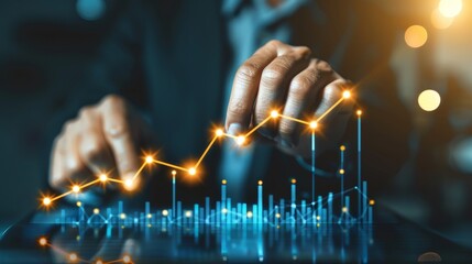 Business professional analyzing financial growth graph for investment strategy. Concept of market analysis and data-driven decision-making.