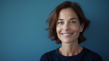 Fototapeta premium Closeup portrait of mid aged professional businesswoman, beautiful confident adult woman in navy top smiling isolated on blue background