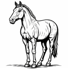 Obraz premium Intricate black and white illustration of a horse, showcasing detailed line work and shading, capturing the horse's form.