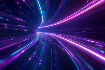 Fototapeta premium Blue purple light line through dark background, hyper speed warp in space