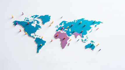 Obraz premium Colorful world map with pins marking different locations on a white background, highlighting global travel and connections.