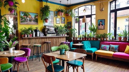 Vibrant and Eclectic Coffee Shop Interior with Lush Greenery and Colorful Decor