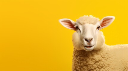 Cute sheep with a bright yellow background, looking at the camera. Perfect for farm animal and nature related themes.