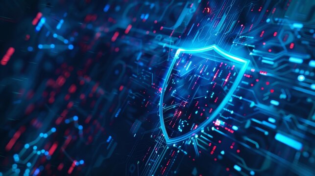 Digital shield representing cybersecurity protection, with blue and red lights symbolizing data security, encryption, and firewall defense.