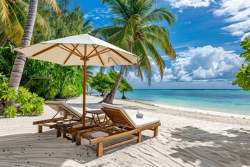 Lounge chairs and an umbrella on the beach offer a relaxing spot for leisure