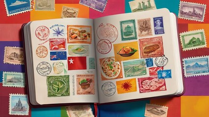 Colorful Travel Journal with Stamps Featuring International Cuisine