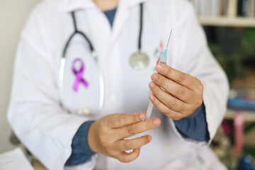 Doctor Wear Stethoscope And Purple Ribbon. Hand Holding Medical Injection. World Cancer Day