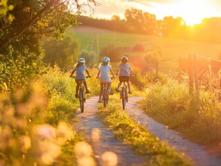 Fototapeta premium Children enjoying a sunset bicycle ride on a country road surrounded by nature and beauty