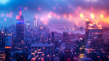 Fototapeta premium As twilight upon the cityscape, soft focus lights paint a dreamy glow across the skyline, transforming the urban landscape into a mesmerizing tapestry of hues