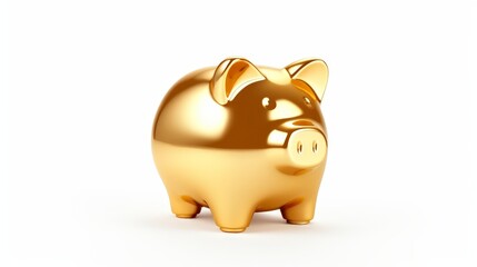 Golden piggy bank against white background symbolizes savings, investment, and financial security, perfect for finance-related content.