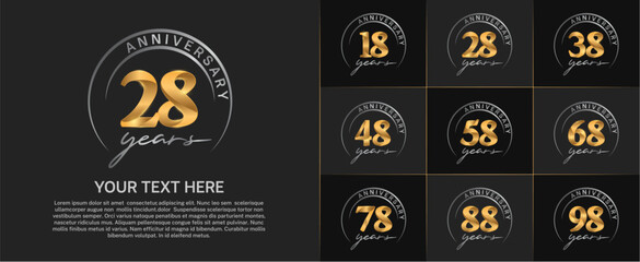 anniversary logotype set vector, gold color with silver circle for special day celebration