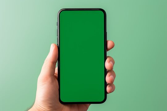 Hand holding modern smartphone with green screen on pastel green background, ideal for app presentation or product mockup.