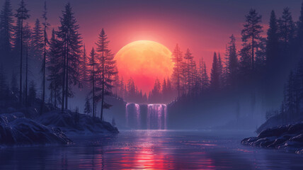 a beautiful landscape, waterfal and trees, sunset colors, vectorial illustration generative ai