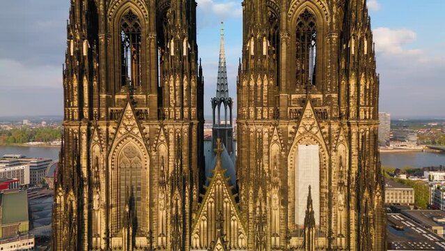 Koelner Dom Cologne Germany drone aerial backwards reveal sunny day