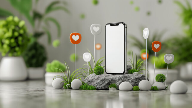 A modern smartphone rests on a rock in a serene, minimalist setting. Surrounded by green plants and small, white, heart-shaped ornaments on sticks, the device creates a sense of peace and tranquility