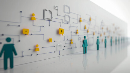 A white wall displays an abstract representation of a network of connections. The network is composed of lines, shapes, and icons representing different aspects of social interaction and communication