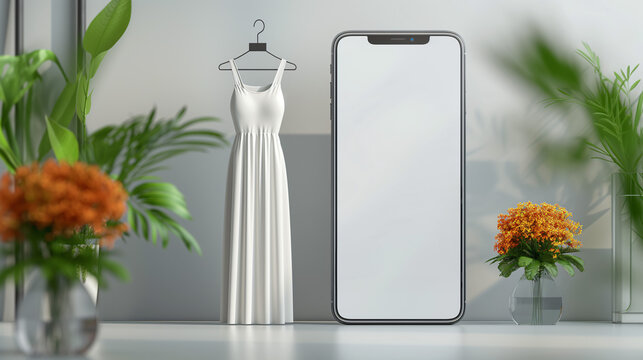 A white dress hangs on a simple black hanger against a minimalist background. A smartphone with a white screen sits beside it, reflecting the dresss form in its blank surface