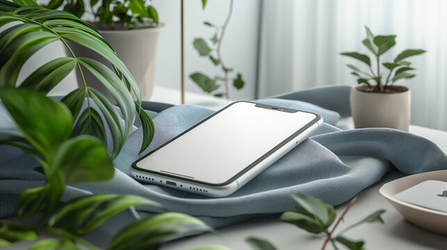 A white smartphone lies on a soft blue fabric with a blank screen, surrounded by green houseplants. The image creates a calm and serene atmosphere with a minimalist aesthetic