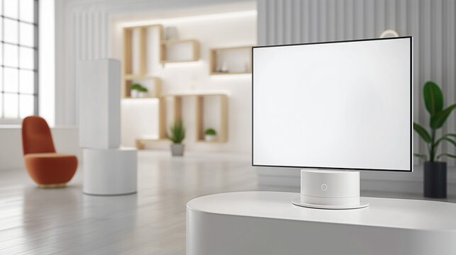 A white and minimalist living room with a large, blank screen television on a white stand. The television is facing the viewer, and the room is decorated in a clean white style.