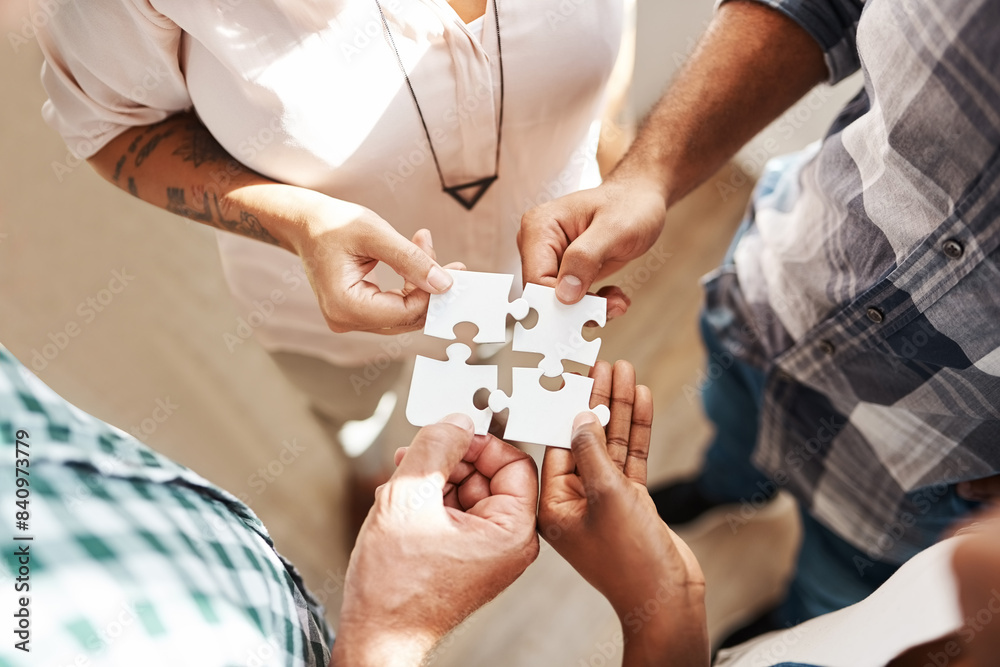 Poster Hands, team and jigsaw for strategy, solution and circle with collaboration for creativity at startup. People, group and scrum with puzzle for problem solving, solidarity or above for synergy at job