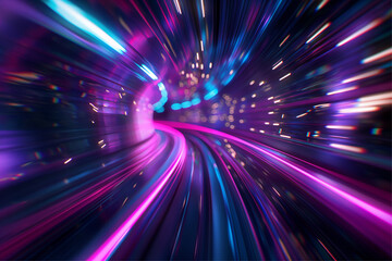 Blue purple light line through dark background, hyper speed warp in space