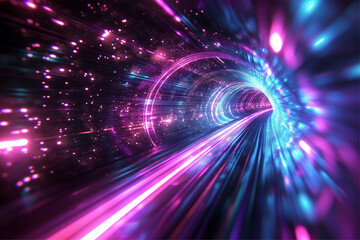 Naklejka premium Blue purple light line through dark background, hyper speed warp in space