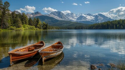 Serene Lake Scene with Rowboats and Mountains in Background