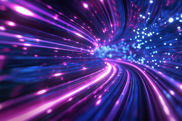 Fototapeta premium Blue purple light line through dark background, hyper speed warp in space