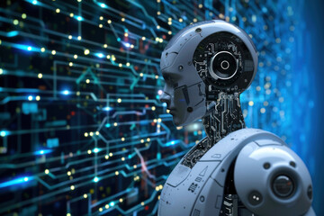 AI Robot and Circuit Board Background