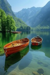 Serene Rowboats on Lake with Majestic Mountain Background