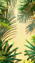 trendy summer Bali style floral patter background with copyspace , colorful leaves palm shape art wallpaper, Summer colors botanical tropical leaves ,sun light and shadows, pink, yellow leaf .