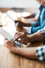 Hands, tablet and queue in office on internet, scroll and typing with team for creativity at media company. People, click and application on digital touchscreen with productivity for job at startup
