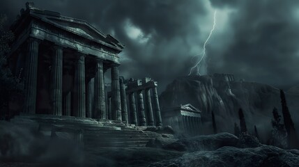 A dark landscape of an ancient Greek society, featuring ancient Greek architecture