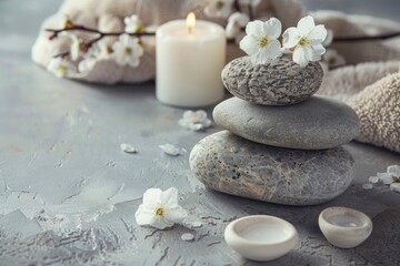Spa still life with stacked of stone. Holiday, body care and luxury concept - generative ai