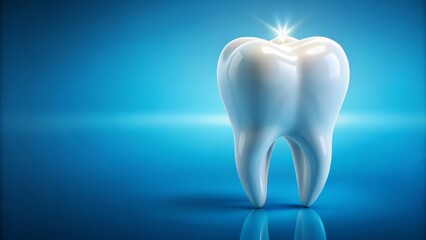 A tooth is shown in a blue background with a bright light shining on it