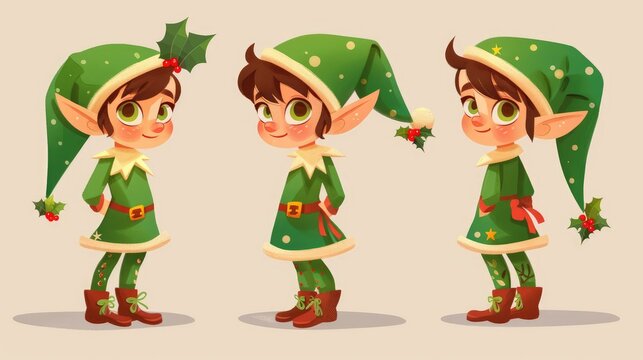 Illustration of a charming Christmas elf girl dressed in green part of an adorable cartoon collection of holiday elves