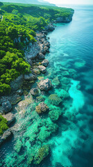 Obraz premium Create an aerial view image of a tranquil ocean shore where the clear turquoise waters created with Generative AI technology