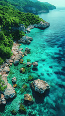 Obraz premium Create an aerial view image of a tranquil ocean shore where the clear turquoise waters created with Generative AI technology
