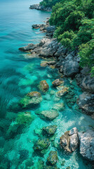 Obraz premium Create an aerial view image of a tranquil ocean shore where the clear turquoise waters created with Generative AI technology