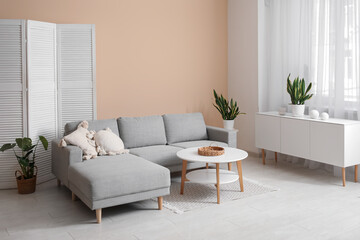 Cozy sofa with cushions, coffee table, chest of drawers and folding screen in living room