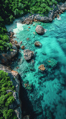 Create an aerial view image of a tranquil ocean shore where the clear turquoise waters created with Generative AI technology
