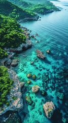 Obraz premium Create an aerial view image of a tranquil ocean shore where the clear turquoise waters created with Generative AI technology