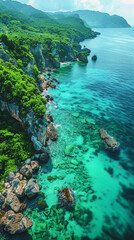 Create an aerial view image of a tranquil ocean shore where the clear turquoise waters created with Generative AI technology