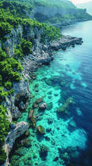 Fototapeta premium Create an aerial view image of a tranquil ocean shore where the clear turquoise waters created with Generative AI technology