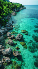 Create an aerial view image of a tranquil ocean shore where the clear turquoise waters created with Generative AI technology