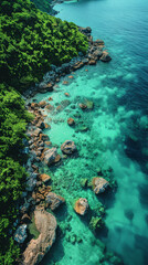 Create an aerial view image of a tranquil ocean shore where the clear turquoise waters created with Generative AI technology
