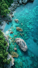 Create an aerial view image of a tranquil ocean shore where the clear turquoise waters created with Generative AI technology