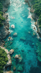 Obraz premium Create an aerial view image of a tranquil ocean shore where the clear turquoise waters created with Generative AI technology