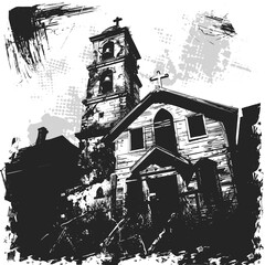 Obraz premium Grunge style black white illustration church building bell tower. Artistic brush strokes splatters around monochrome chapel. Historic religious architecture urban sketch form